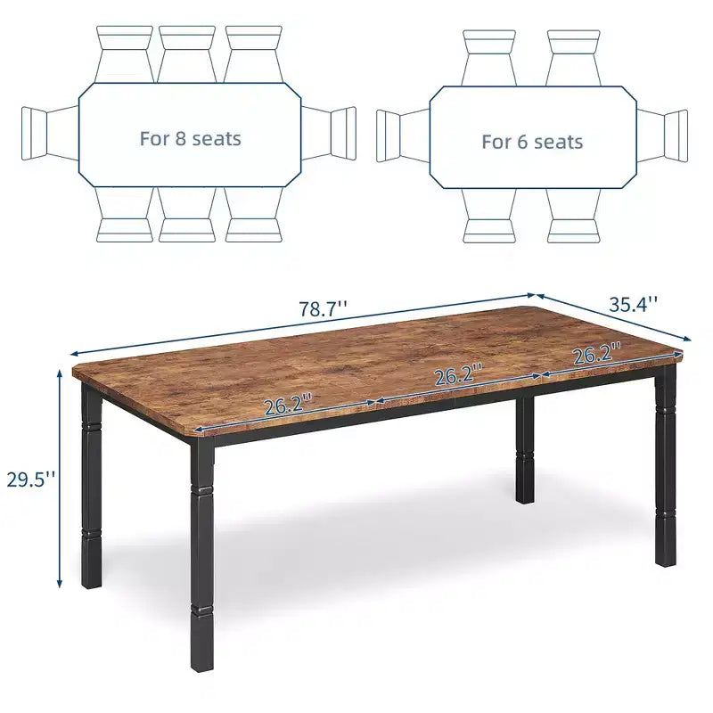 Table de salle à manger pour 6 à 8 personnes, table de cuisine rectangulaire moderne avec pieds en métal robustes, table en bois de style ferme pour bureau à domicile