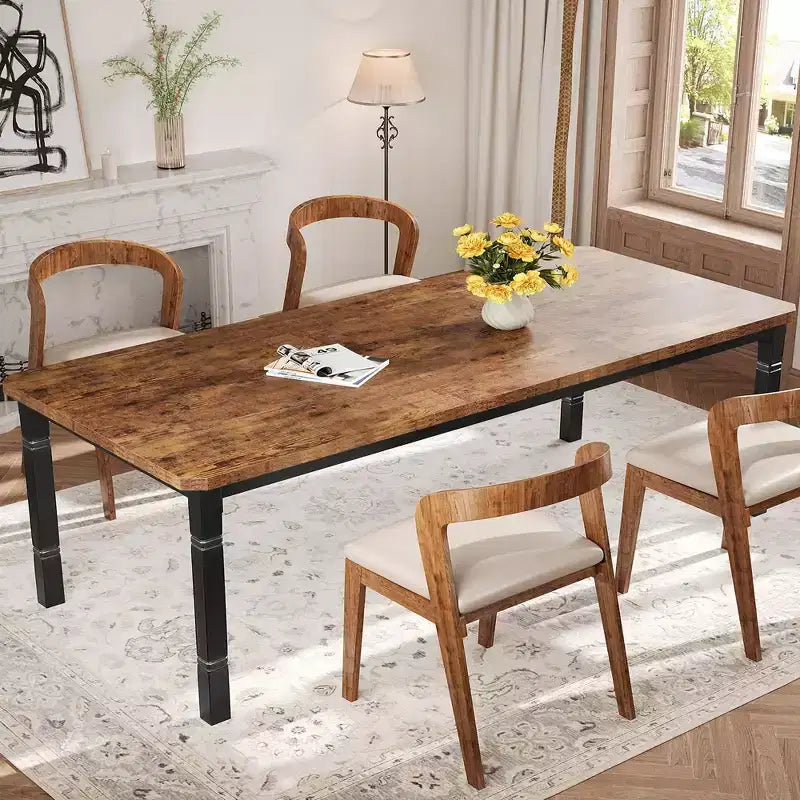 Table de salle à manger pour 6 à 8 personnes, table de cuisine rectangulaire moderne avec pieds en métal robustes, table en bois de style ferme pour bureau à domicile