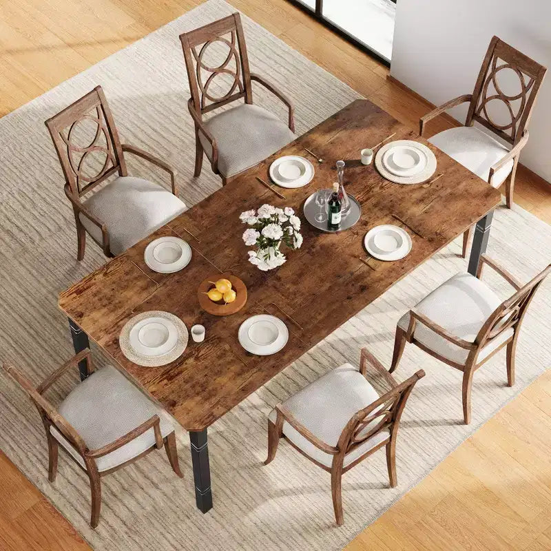 Table de salle à manger pour 6 à 8 personnes, table de cuisine rectangulaire moderne avec pieds en métal robustes, table en bois de style ferme pour bureau à domicile