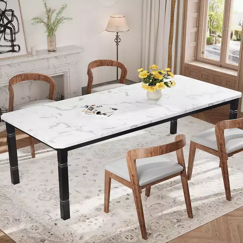 Table de salle à manger pour 6 à 8 personnes, table de cuisine rectangulaire moderne avec pieds en métal robustes, table en bois de style ferme pour bureau à domicile