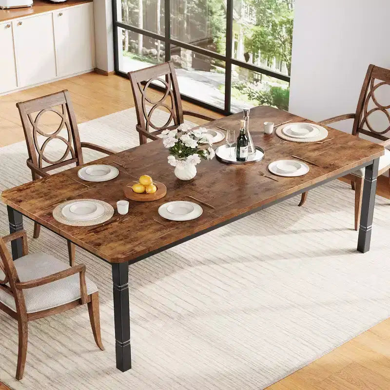 Table de salle à manger pour 6 à 8 personnes, table de cuisine rectangulaire moderne avec pieds en métal robustes, table en bois de style ferme pour bureau à domicile