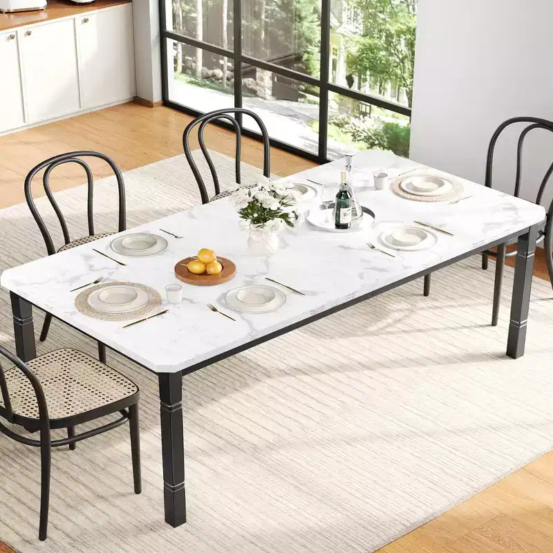 Table de salle à manger pour 6 à 8 personnes, table de cuisine rectangulaire moderne avec pieds en métal robustes, table en bois de style ferme pour bureau à domicile