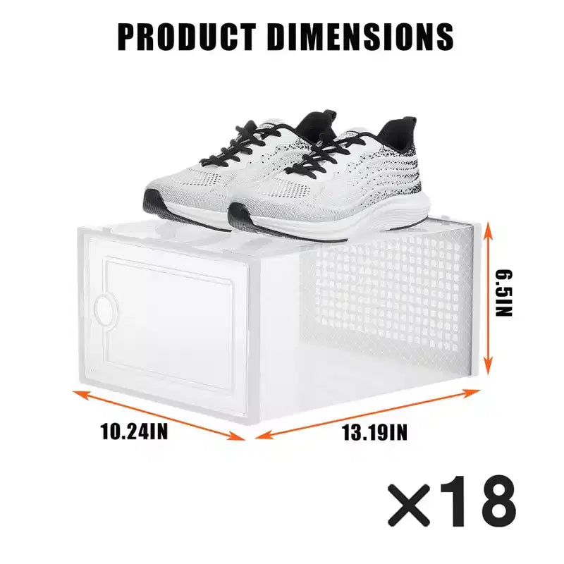 Lot de 18 grandes boîtes à chaussures pliables, organisateurs de rangement de chaussures en plastique empilables pour placard, conteneurs à baskets transparents avec couvercle à charnière