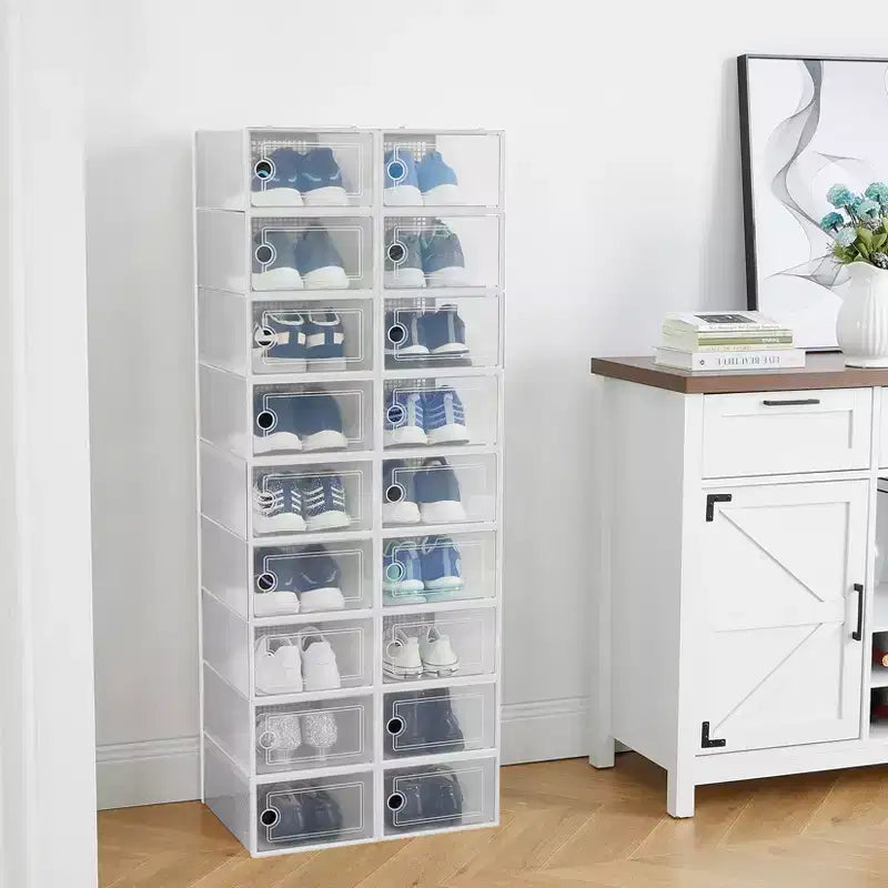 Lot de 18 grandes boîtes à chaussures pliables, organisateurs de rangement de chaussures en plastique empilables pour placard, conteneurs à baskets transparents avec couvercle à charnière
