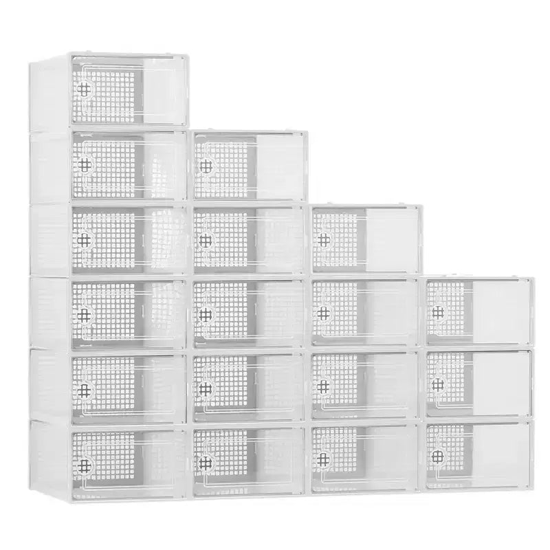 Lot de 18 grandes boîtes à chaussures pliables, organisateurs de rangement de chaussures en plastique empilables pour placard, conteneurs à baskets transparents avec couvercle à charnière