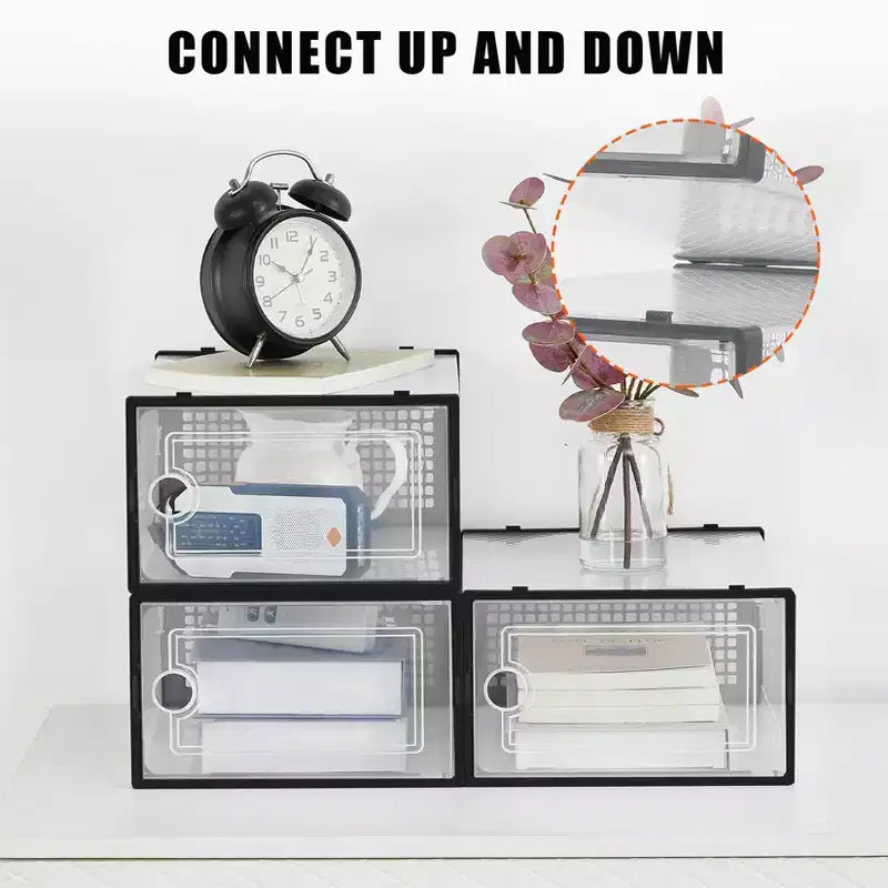 Lot de 18 grandes boîtes à chaussures pliables, organisateurs de rangement de chaussures en plastique empilables pour placard, conteneurs à baskets transparents avec couvercle à charnière