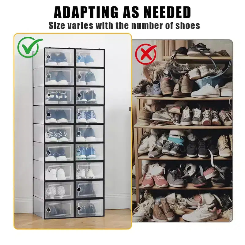 Lot de 18 grandes boîtes à chaussures pliables, organisateurs de rangement de chaussures en plastique empilables pour placard, conteneurs à baskets transparents avec couvercle à charnière