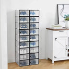 Lot de 18 grandes boîtes à chaussures pliables, organisateurs de rangement de chaussures en plastique empilables pour placard, conteneurs à baskets transparents avec couvercle à charnière