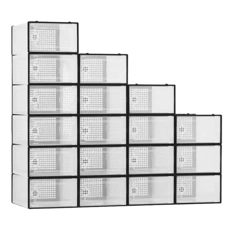 Lot de 18 grandes boîtes à chaussures pliables, organisateurs de rangement de chaussures en plastique empilables pour placard, conteneurs à baskets transparents avec couvercle à charnière