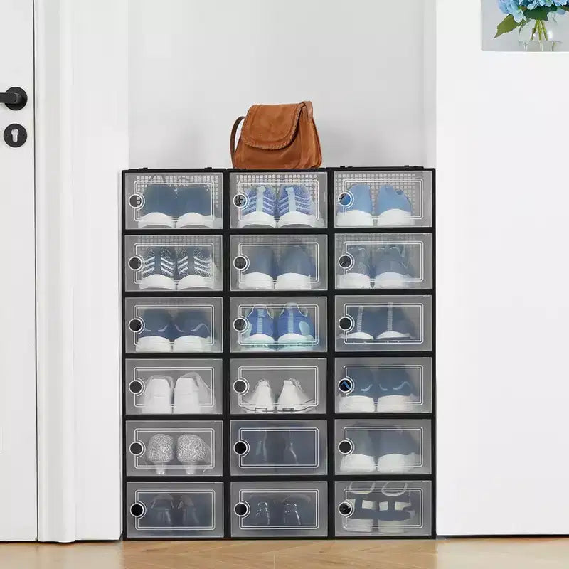 18-Pack Large Foldable Shoe Boxes, Stackable Plastic Shoe Storage Organizers for Closet, Clear Door Sneaker Containers with Hinged Lid