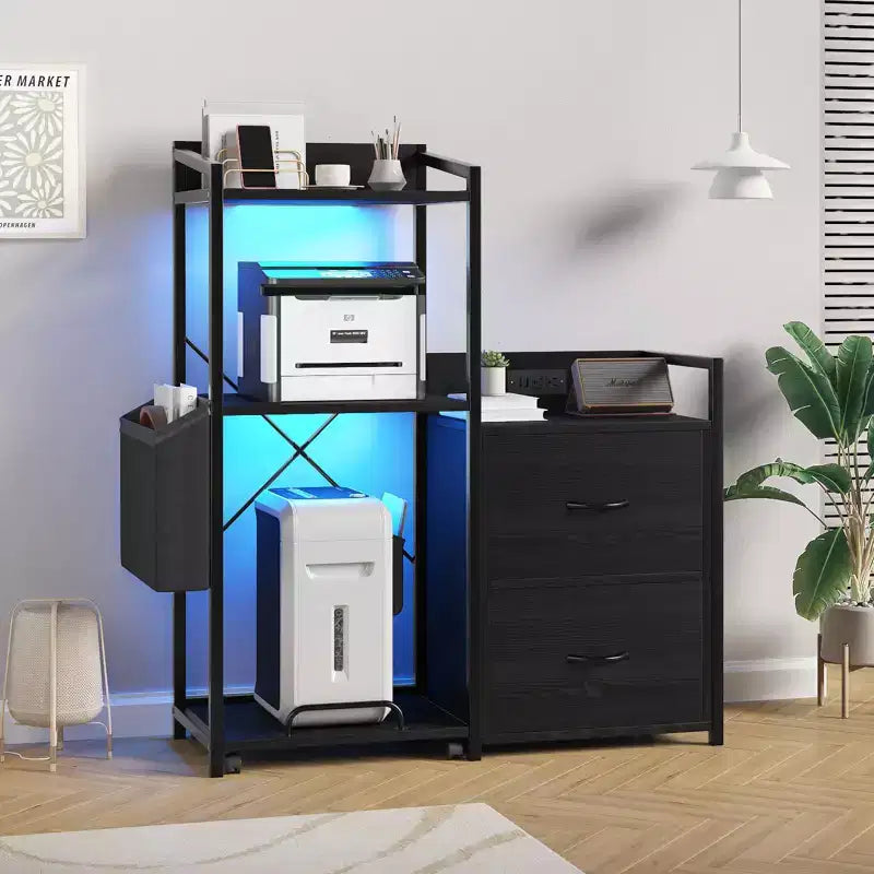 Meuble de classement à 2 tiroirs pour dossiers de format lettre/légal/A4, avec prise de courant, lumières LED et étagère ouverte pour la maison/le bureau, rangement pour imprimante et destructeur de documents
