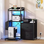 Meuble de classement à 2 tiroirs pour dossiers de format lettre/légal/A4, avec prise de courant, lumières LED et étagère ouverte pour la maison/le bureau, rangement pour imprimante et destructeur de documents