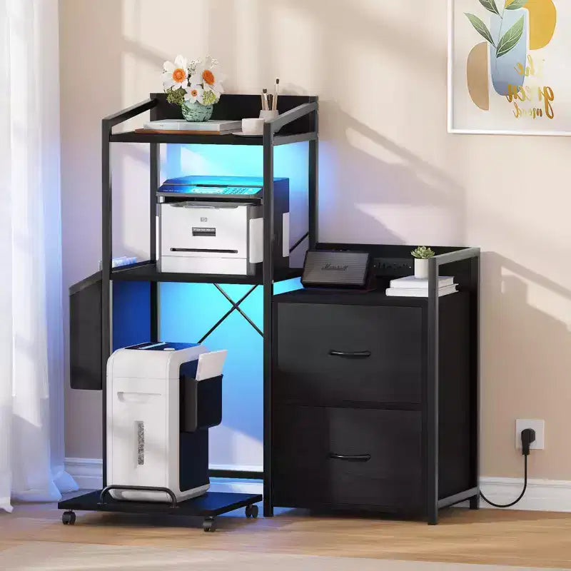 Meuble de classement à 2 tiroirs pour dossiers de format lettre/légal/A4, avec prise de courant, lumières LED et étagère ouverte pour la maison/le bureau, rangement pour imprimante et destructeur de documents