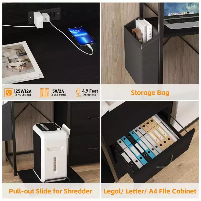 Meuble de classement à 2 tiroirs pour dossiers de format lettre/légal/A4, avec prise de courant, lumières LED et étagère ouverte pour la maison/le bureau, rangement pour imprimante et destructeur de documents