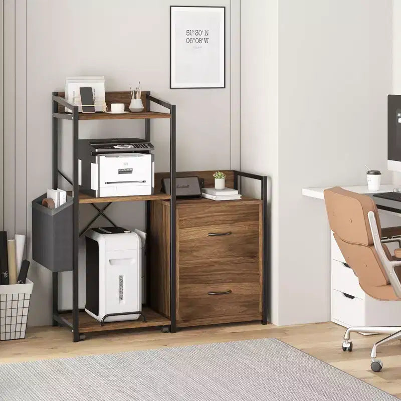 Meuble de classement à 2 tiroirs pour dossiers de format lettre/légal/A4, avec prise de courant, lumières LED et étagère ouverte pour la maison/le bureau, rangement pour imprimante et destructeur de documents