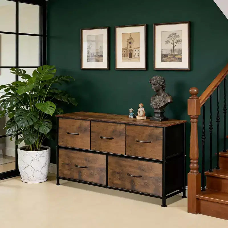 Commode de chambre Acekool de 100 cm de large avec 5 tiroirs en tissu, unité de rangement avec cadre métallique pour placard, salon, couloir