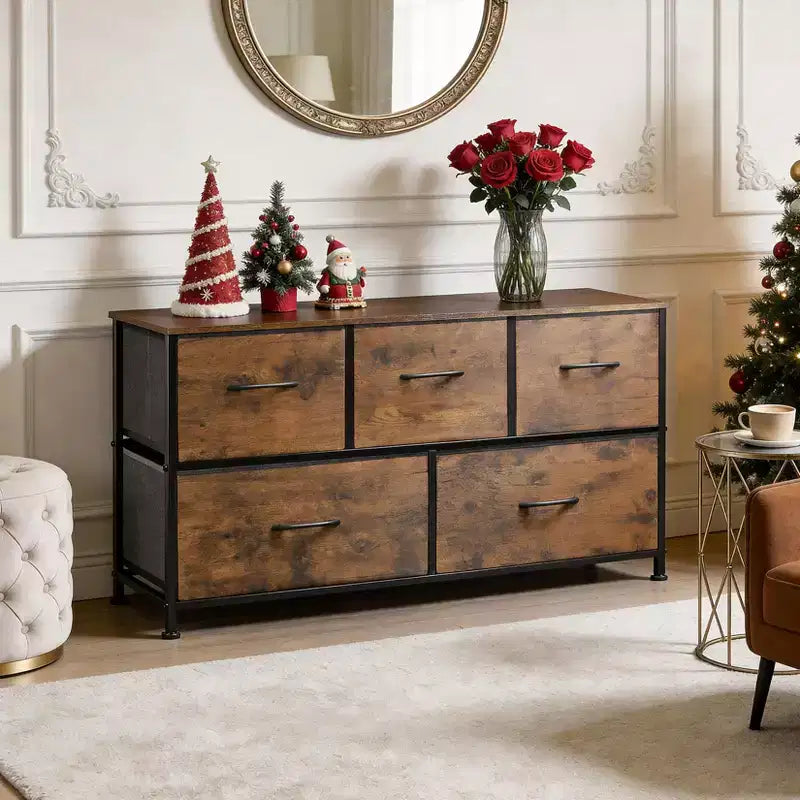 Commode de chambre Acekool de 100 cm de large avec 5 tiroirs en tissu, unité de rangement avec cadre métallique pour placard, salon, couloir