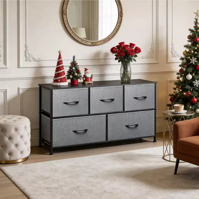 Commode de chambre Acekool de 100 cm de large avec 5 tiroirs en tissu, unité de rangement avec cadre métallique pour placard, salon, couloir