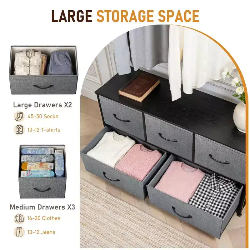 Commode de chambre Acekool de 100 cm de large avec 5 tiroirs en tissu, unité de rangement avec cadre métallique pour placard, salon, couloir