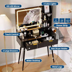 Coiffeuse Acekool 31,5" cannelée avec miroir, 2 tiroirs, étagères et tabouret pour chambre