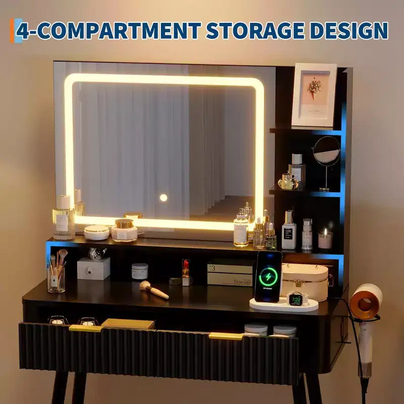 Coiffeuse Acekool 31,5" cannelée avec miroir, 2 tiroirs, étagères et tabouret pour chambre
