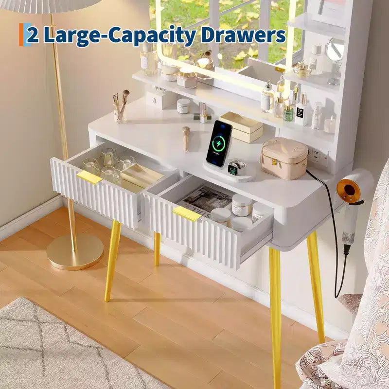 Coiffeuse Acekool 31,5" cannelée avec miroir, 2 tiroirs, étagères et tabouret pour chambre