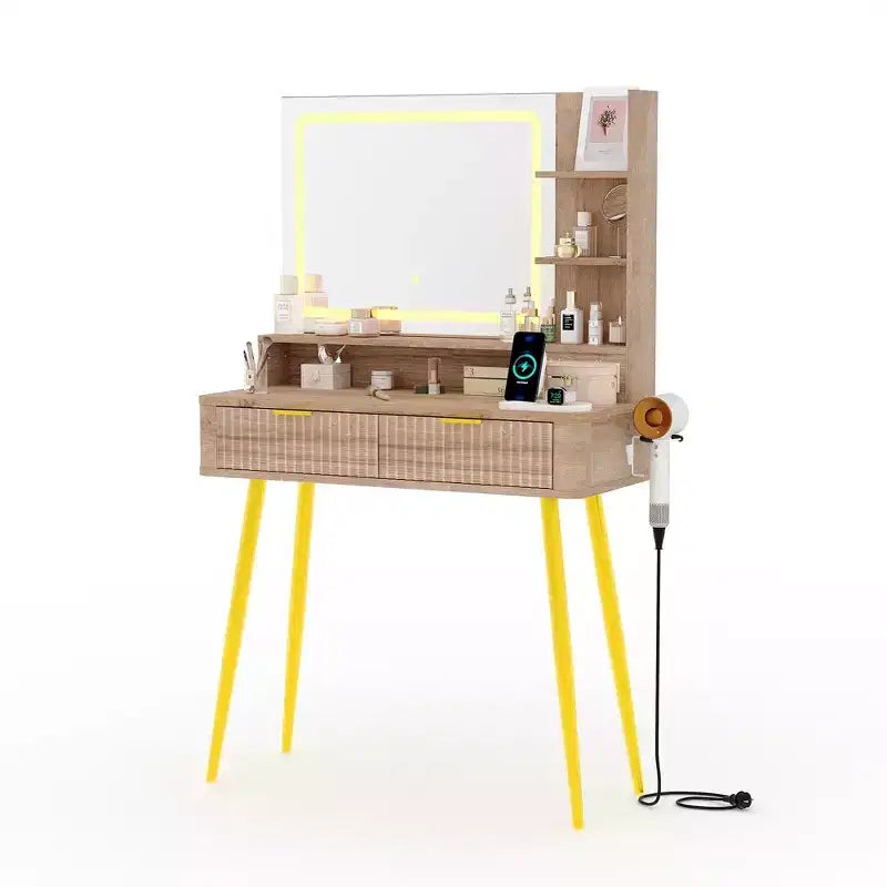 Coiffeuse Acekool 31,5" cannelée avec miroir, 2 tiroirs, étagères et tabouret pour chambre