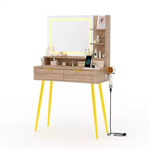 Coiffeuse Acekool 31,5" cannelée avec miroir, 2 tiroirs, étagères et tabouret pour chambre
