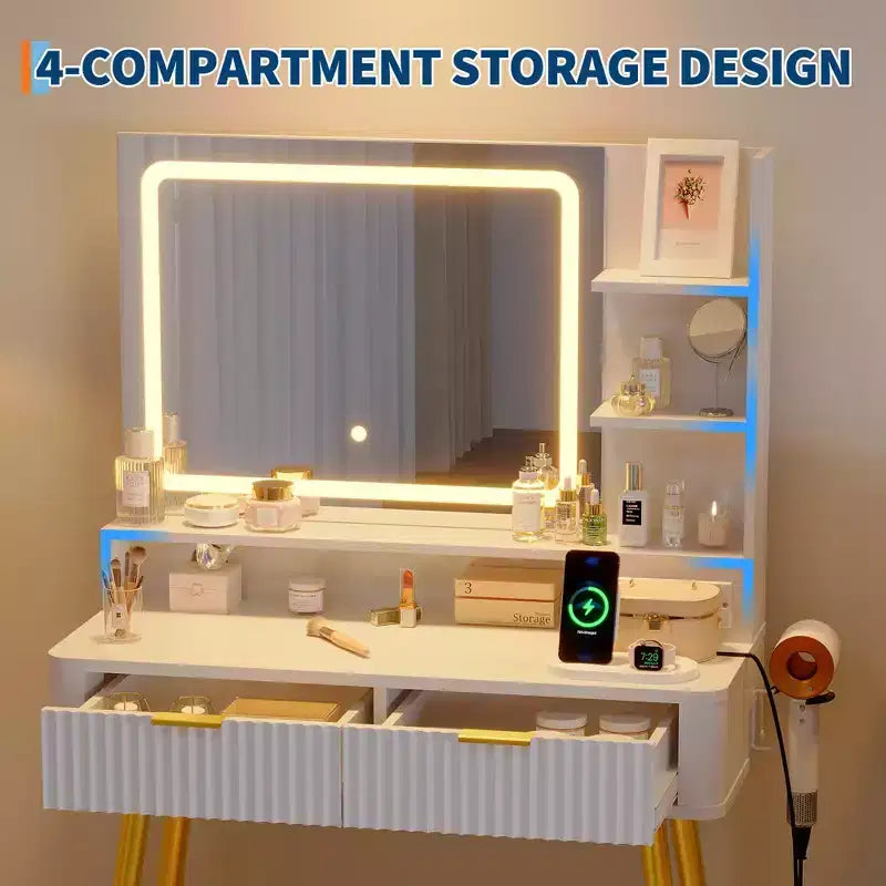 Coiffeuse Acekool 31,5" cannelée avec miroir, 2 tiroirs, étagères et tabouret pour chambre