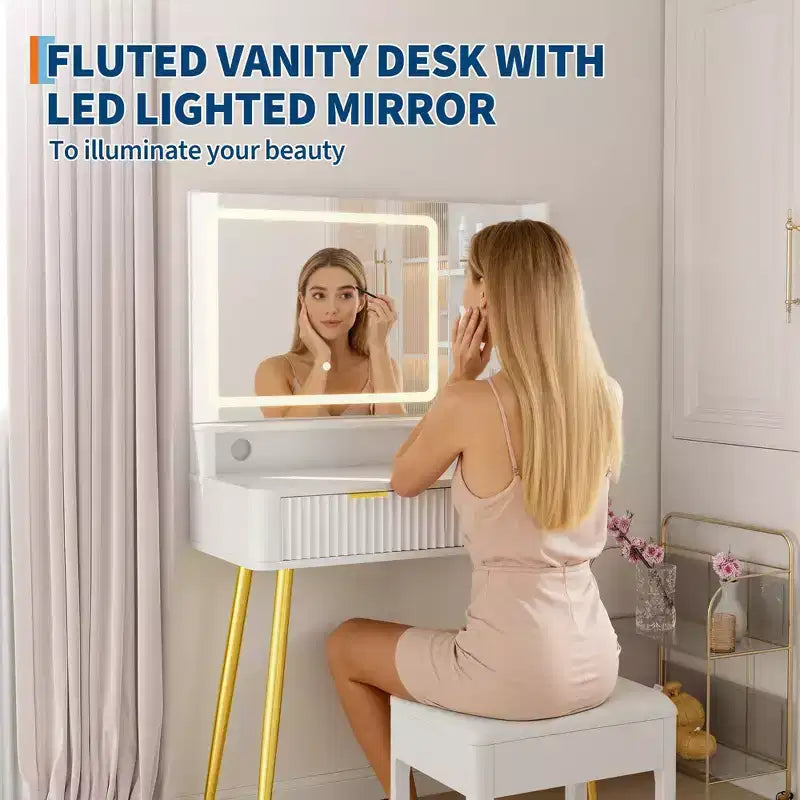 Coiffeuse Acekool 31,5" cannelée avec miroir, 2 tiroirs, étagères et tabouret pour chambre