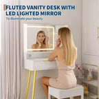 Coiffeuse Acekool 31,5" cannelée avec miroir, 2 tiroirs, étagères et tabouret pour chambre