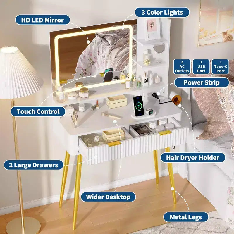 Coiffeuse Acekool 31,5" cannelée avec miroir, 2 tiroirs, étagères et tabouret pour chambre