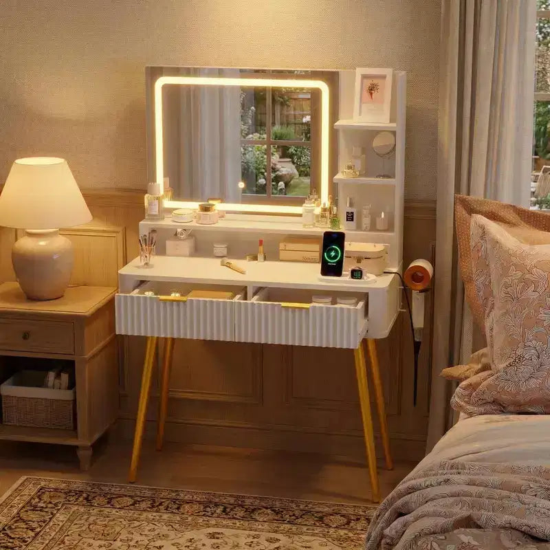 Coiffeuse Acekool 31,5" cannelée avec miroir, 2 tiroirs, étagères et tabouret pour chambre