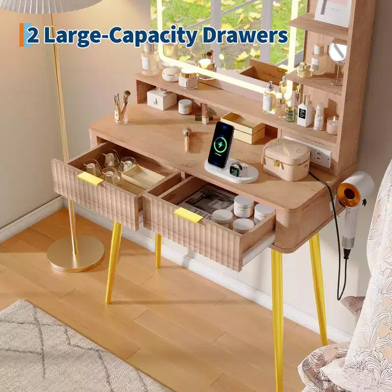 Coiffeuse Acekool 31,5" cannelée avec miroir, 2 tiroirs, étagères et tabouret pour chambre