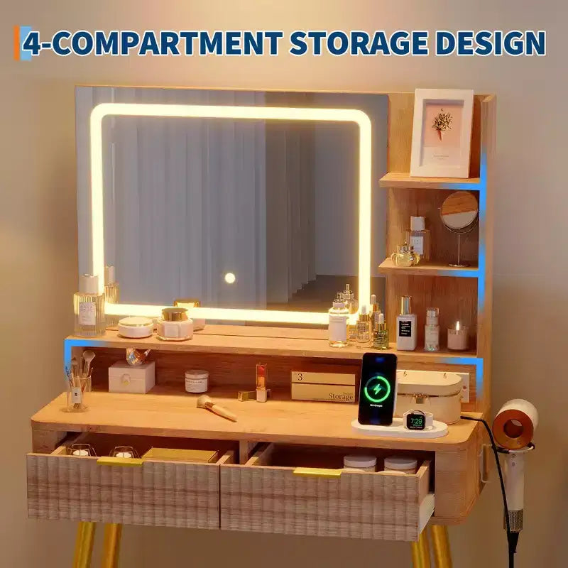 Coiffeuse Acekool 31,5" cannelée avec miroir, 2 tiroirs, étagères et tabouret pour chambre