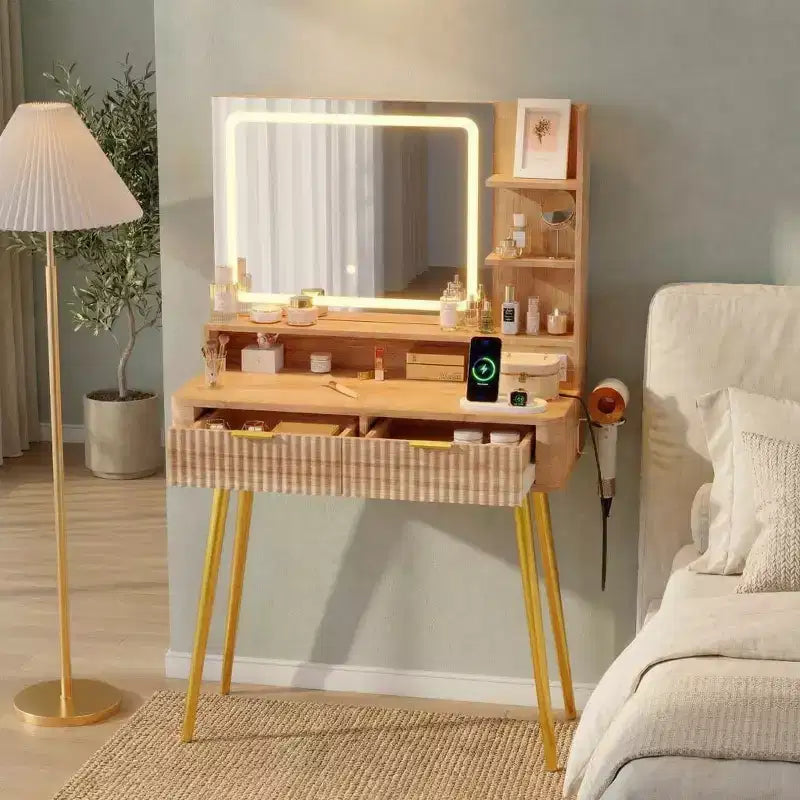 Coiffeuse Acekool 31,5" cannelée avec miroir, 2 tiroirs, étagères et tabouret pour chambre