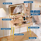 Coiffeuse Acekool 31,5" cannelée avec miroir, 2 tiroirs, étagères et tabouret pour chambre