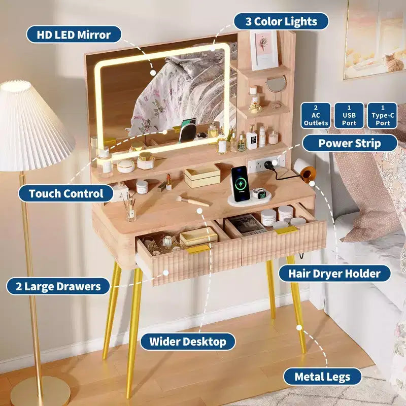 Coiffeuse Acekool 31,5" cannelée avec miroir, 2 tiroirs, étagères et tabouret pour chambre