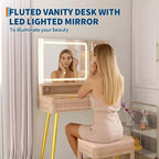 Coiffeuse Acekool 31,5" cannelée avec miroir, 2 tiroirs, étagères et tabouret pour chambre