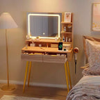 Acekool 31.5 Fluted Makeup Vanity Desk with Mirror, 2 Drawers, Shelves & Stool for Bedroom