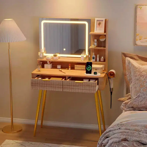 Acekool 31.5 Fluted Makeup Vanity Desk with Mirror, 2 Drawers, Shelves & Stool for Bedroom