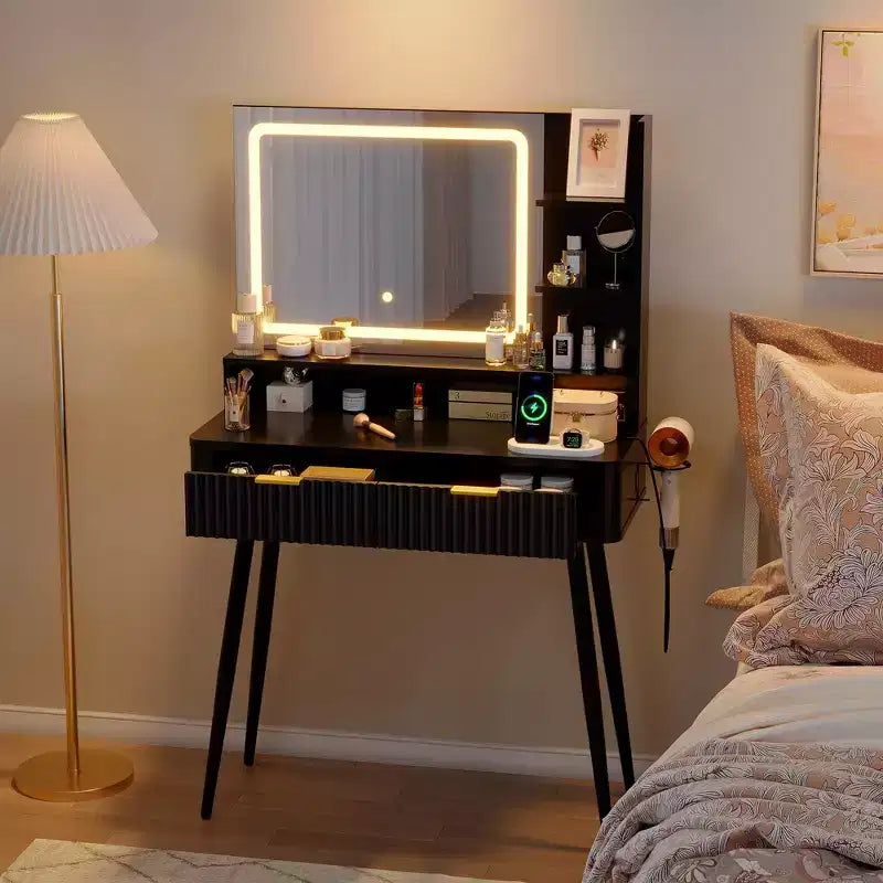 Coiffeuse Acekool 31,5" cannelée avec miroir, 2 tiroirs, étagères et tabouret pour chambre