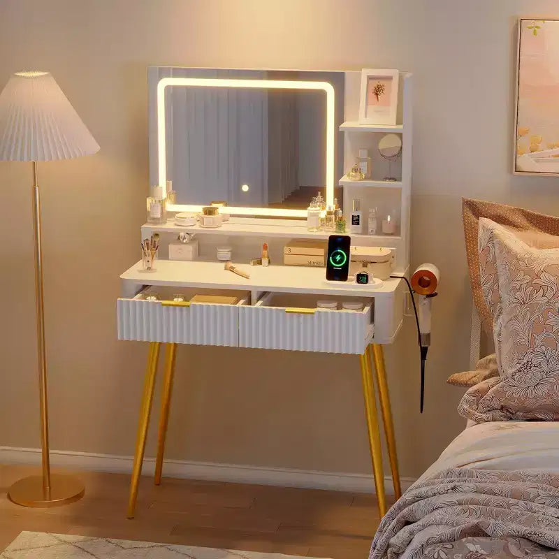 Coiffeuse Acekool 31,5" cannelée avec miroir, 2 tiroirs, étagères et tabouret pour chambre
