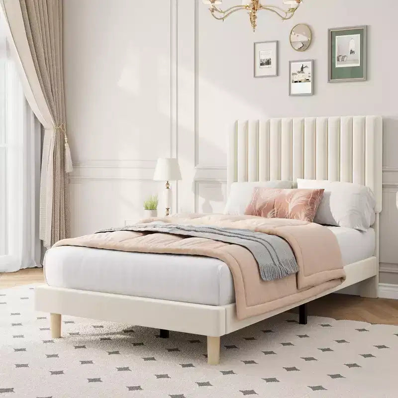 COZONY Cadre de lit plateforme en velours avec tête de lit réglable, sommier à lattes en bois, pas besoin de sommier tapissier, montage facile