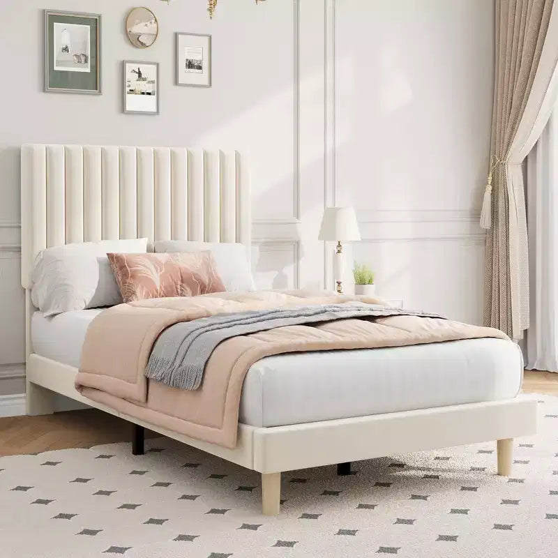 COZONY Cadre de lit plateforme en velours avec tête de lit réglable, sommier à lattes en bois, pas besoin de sommier tapissier, montage facile