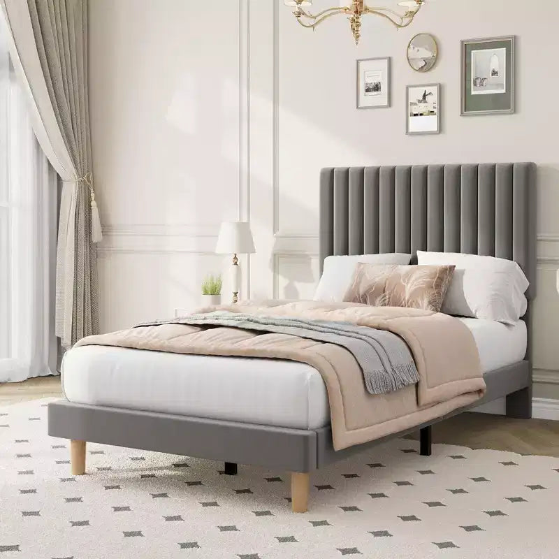 COZONY Cadre de lit plateforme en velours avec tête de lit réglable, sommier à lattes en bois, pas besoin de sommier tapissier, montage facile