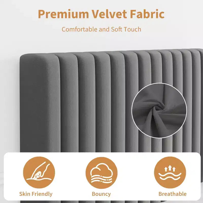 COZONY Cadre de lit plateforme en velours avec tête de lit réglable, sommier à lattes en bois, pas besoin de sommier tapissier, montage facile