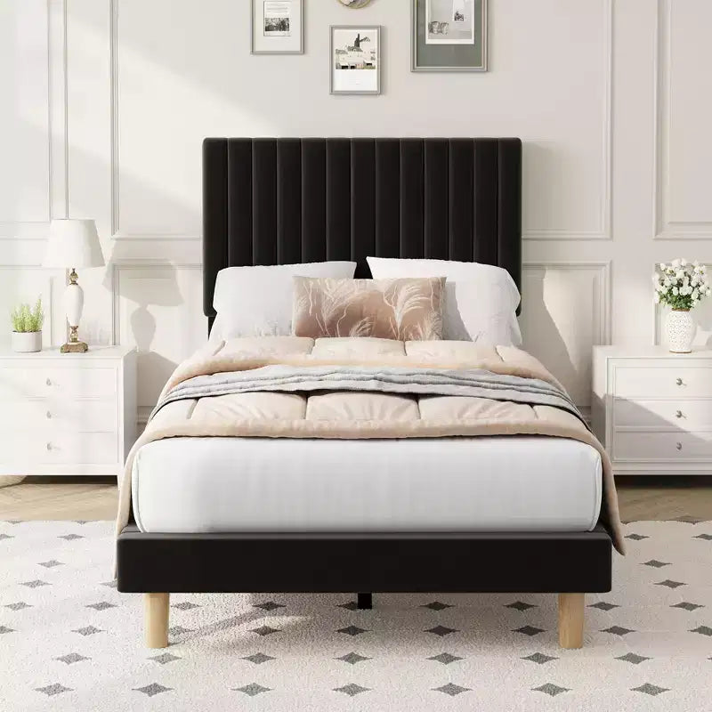 COZONY Cadre de lit plateforme en velours avec tête de lit réglable, sommier à lattes en bois, pas besoin de sommier tapissier, montage facile
