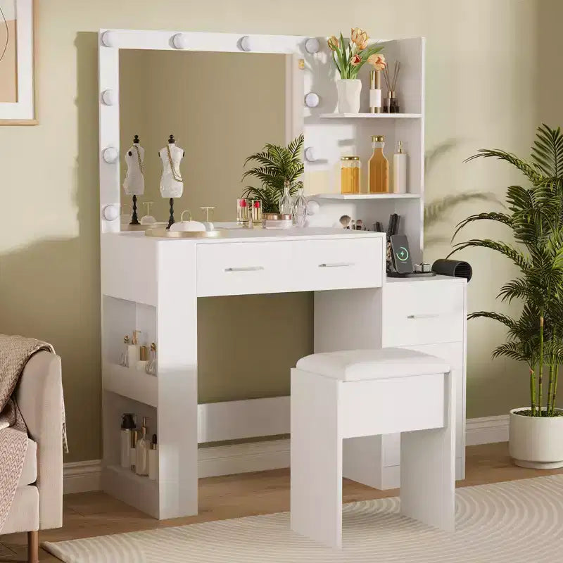 Coiffeuse avec miroir et tabouret, coiffeuse blanche avec 5 tiroirs, ensemble de coiffeuse pour chambre à coucher