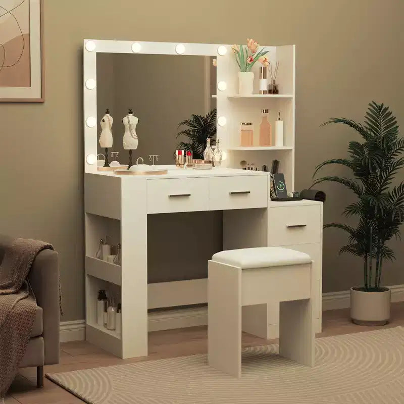 Coiffeuse avec miroir et tabouret, coiffeuse blanche avec 5 tiroirs, ensemble de coiffeuse pour chambre à coucher